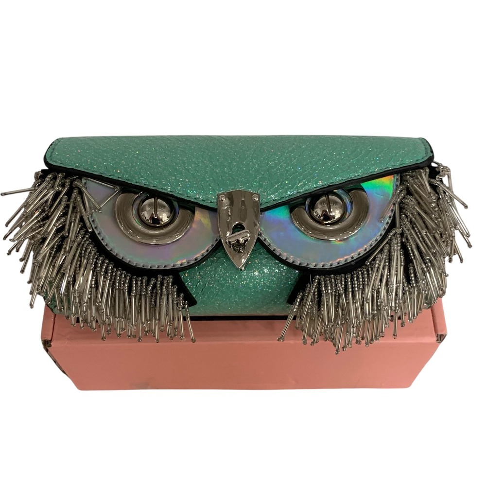 Milan Chiva Owl Clutch Bag Green Glitter Crossbody Fringe Chain NWT